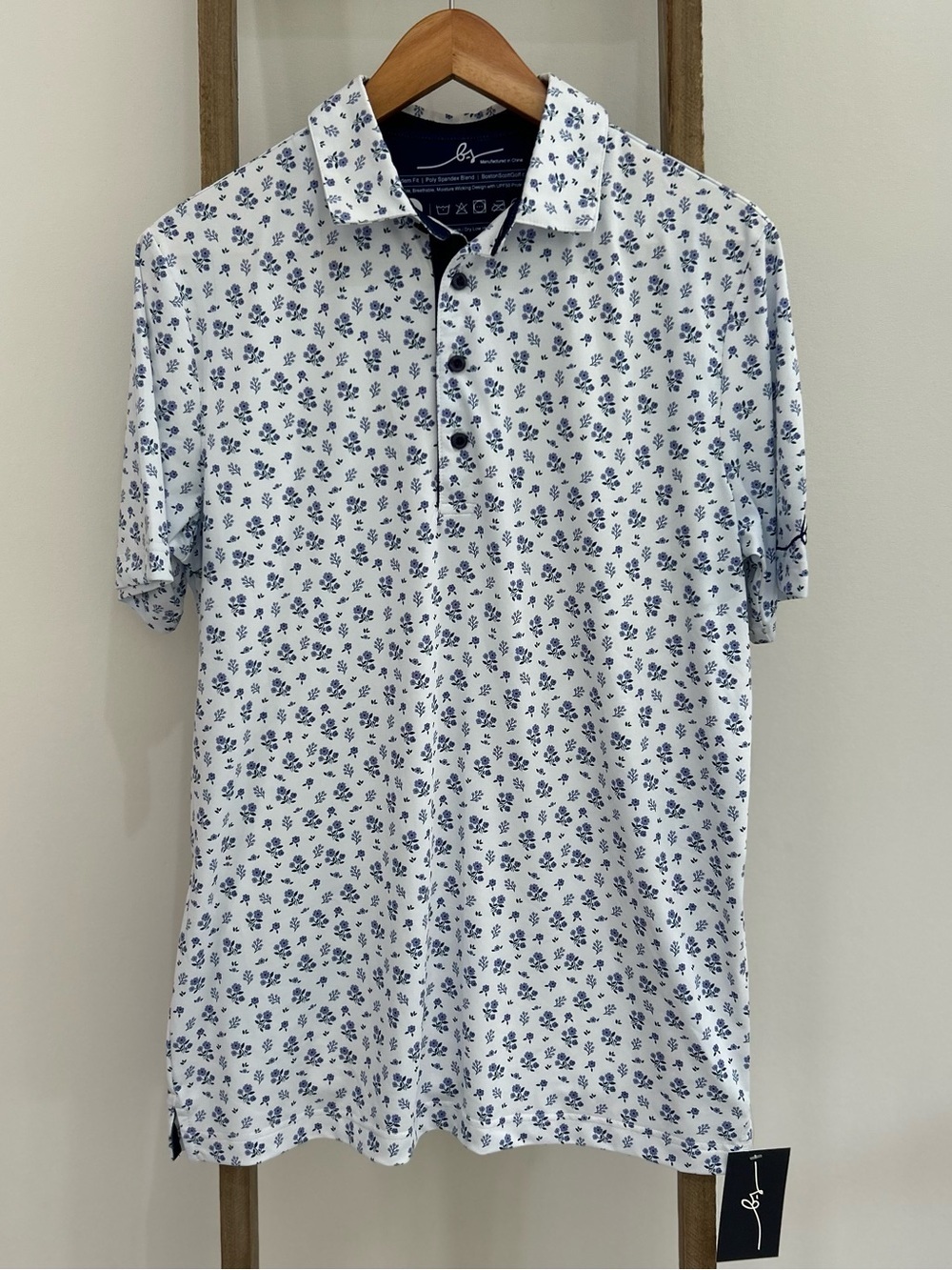 NWT Boston Scott Men’s Performance Golf Forget Me Not Polo Shirt Floral Size S